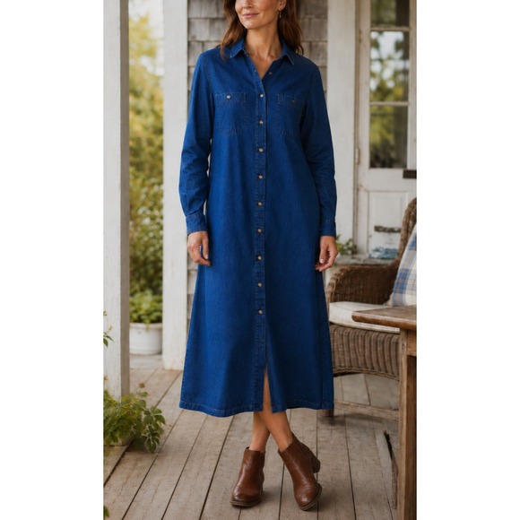 L.L. Bean Dresses & Skirts - L.L. Bean Vintage Denim Shirt Dress Size 14 Blue Cotton LS USA Modest No Belt